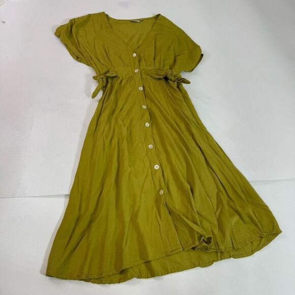 Natura Midi Dress Womens Large Green Tencel Button Down V Neck Short Sleeve Sun - Picture 1 of 9